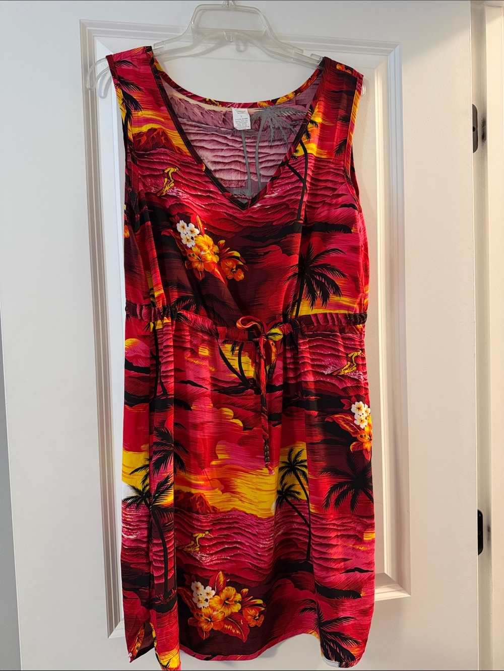 Vacation Tropical Floral V-Neck Sundress in Red and Yellow size Large